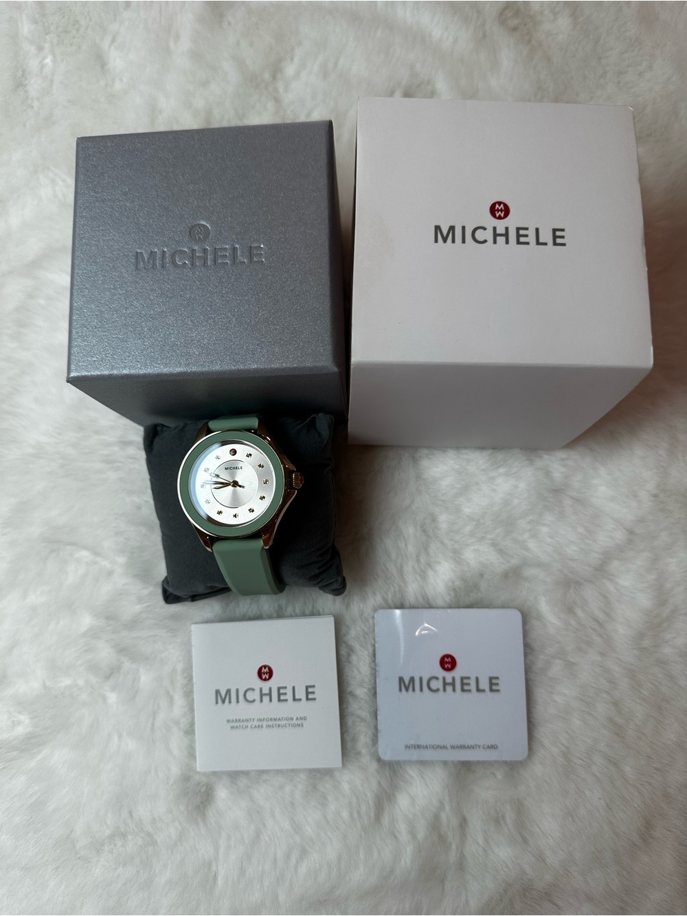 Michele Mint Green Silicone Strap Watch with Gold-Tone Case